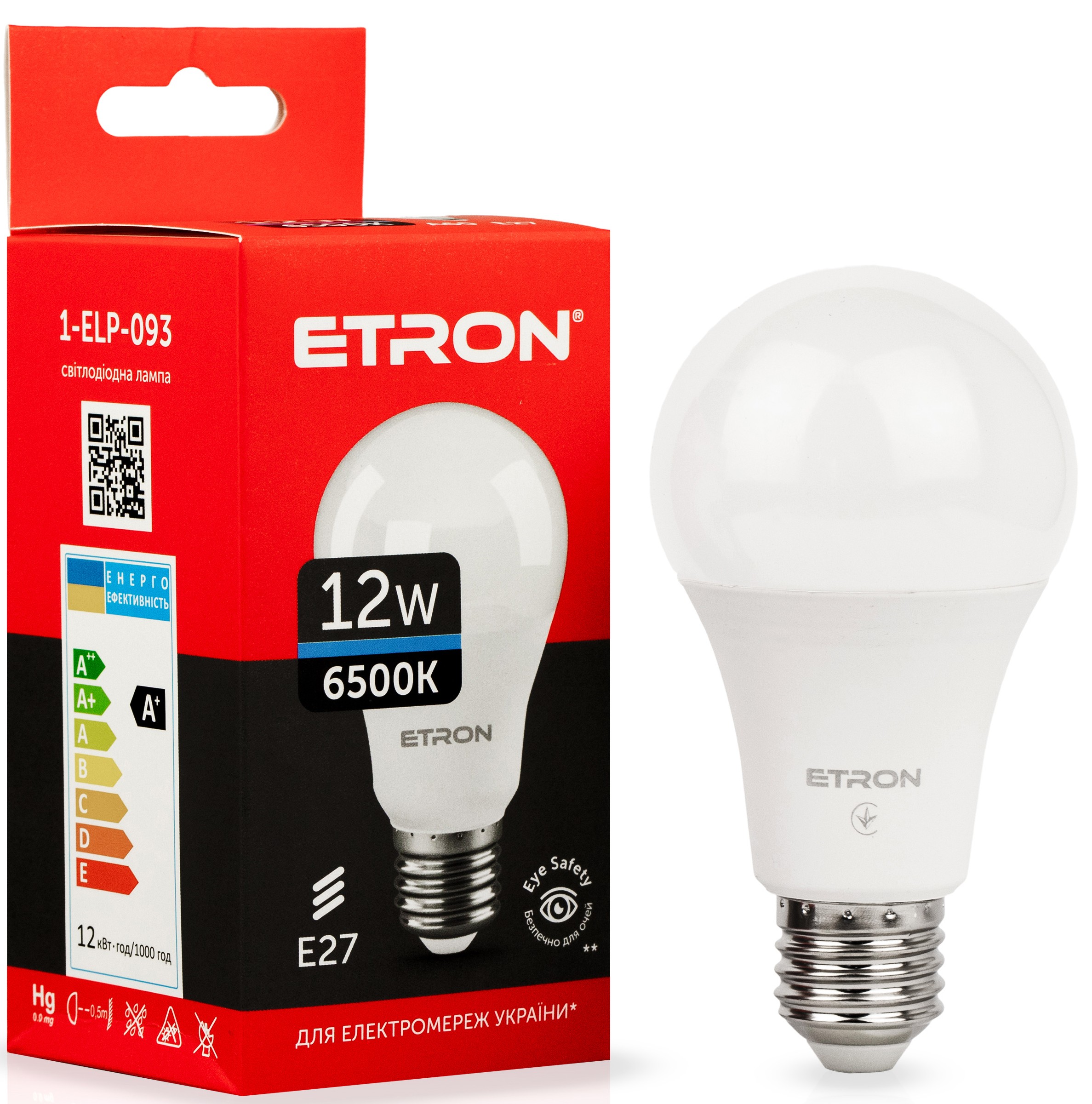 Світлодіодна LED лампа ETRON 12W A60 6500K E27 холодне світло 1-ELP-093